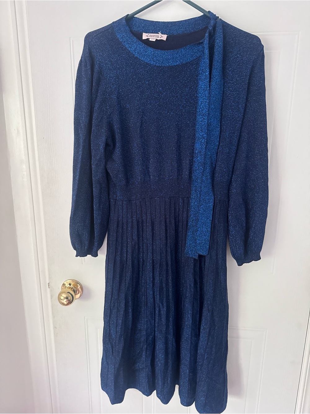 Nanette Lepore Navy Blue Shimmer Pleated Midi Dress with Neck Tie
